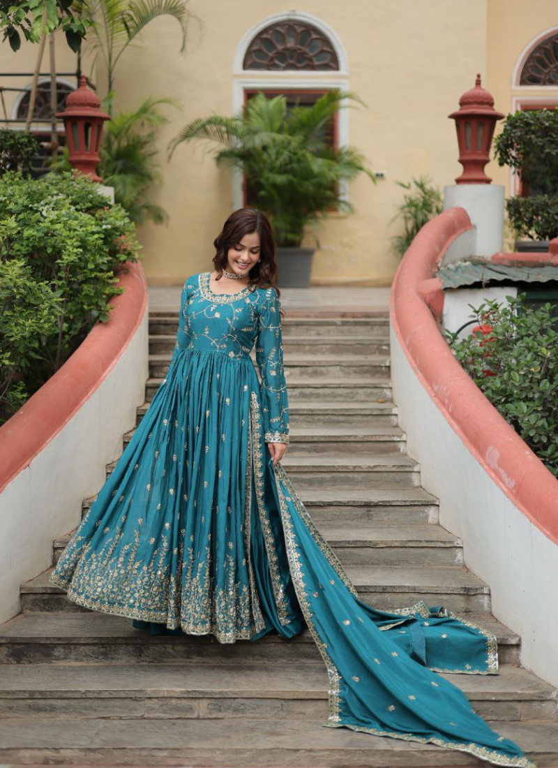 Wine Chinon Sequins Anarkali Gown with Sharara & Dupatta
