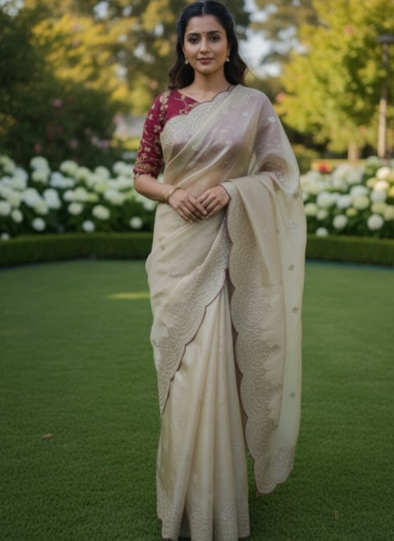 Champagne Gold Designer Saree – Sequins & Zari Work with Red Corset Blouse