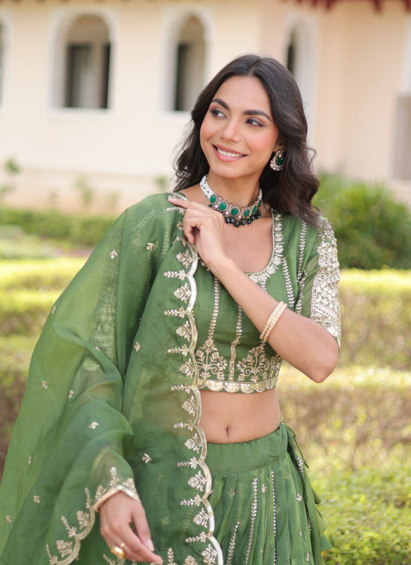 Olive Green Gold Crush Lehenga Choli with Sequins & Zari Embroidery + Designer Dupatta