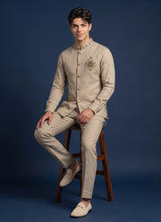 Diwali Linen Koti Set for Men – Handwork Brooch Koti, Shirt & Polo Pant 13