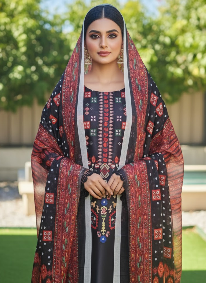 Pakistani Satin 3-Piece Salwar Suit – Elegant Kota Dupatta Set