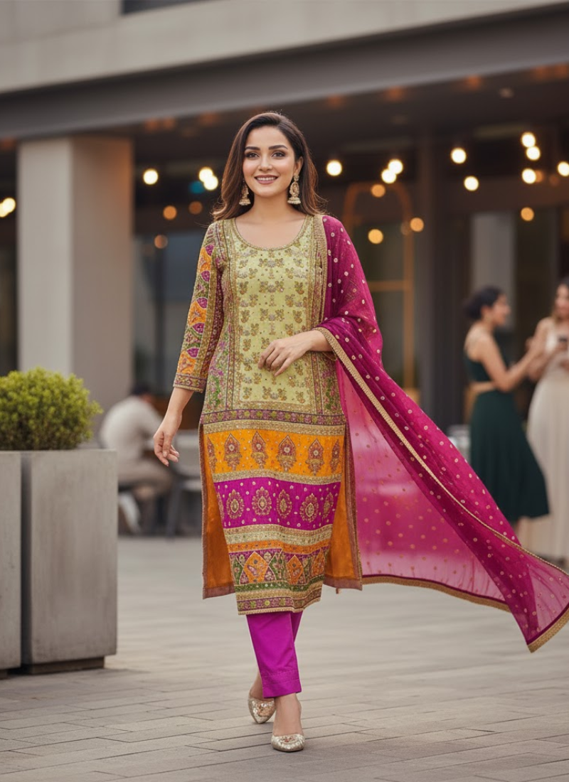 Pakistani Chinnon Multicolor Salwar Suit