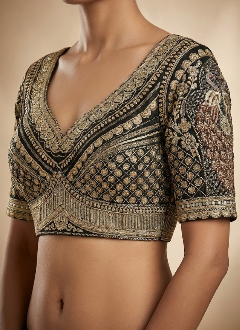 Roman Silk Women’s Blouse with Heavy Embroidery & Back‑Open Design