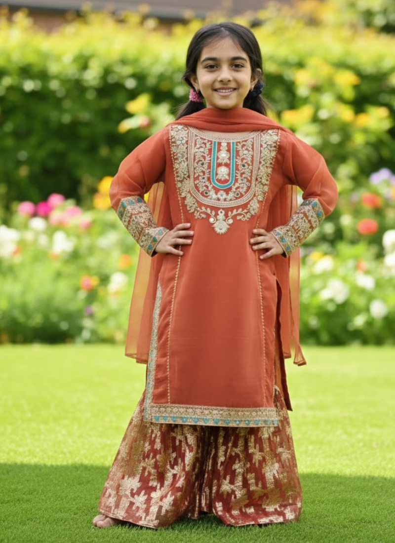 Brick Chiffon Kids Sharara – Elegant Ethnic Wear