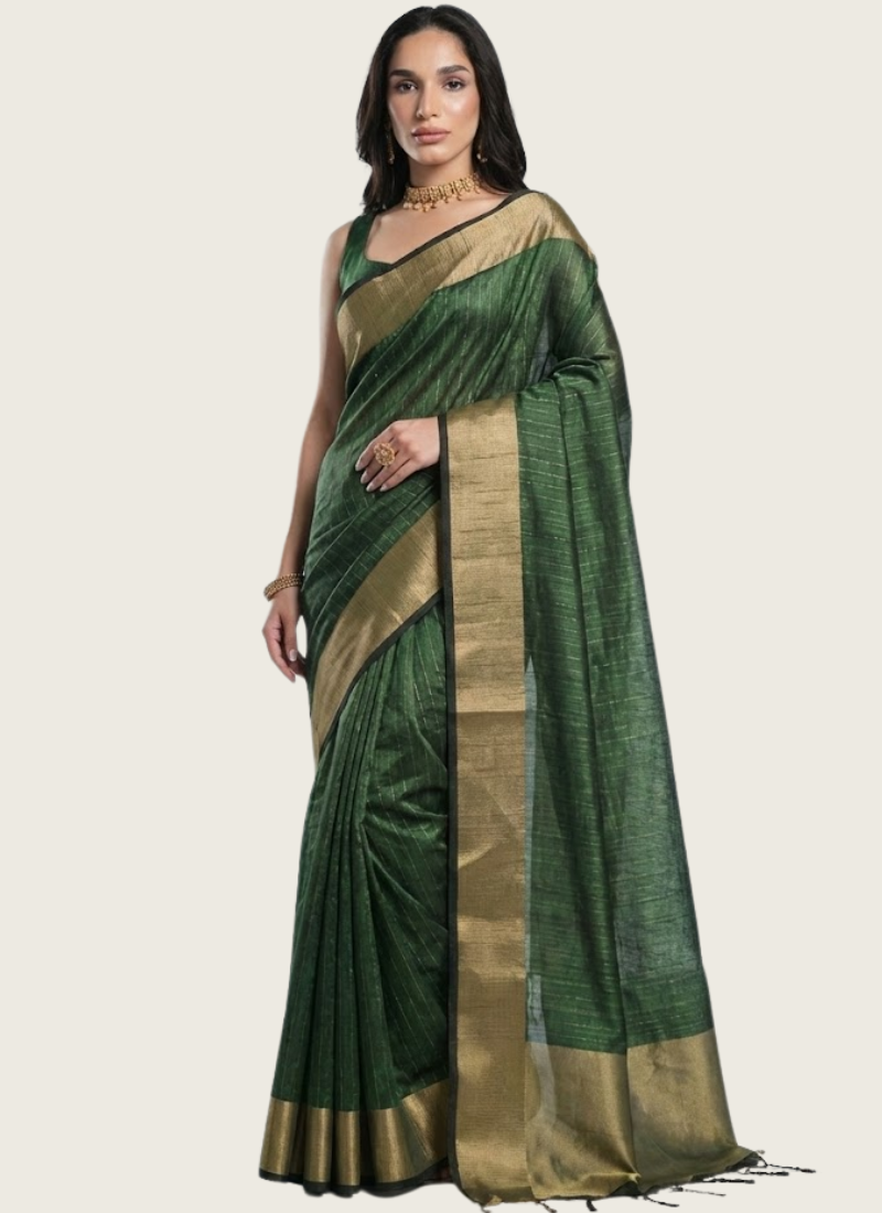 Emerald Green Banarasi Silk Saree with Zari Weaving, Border & Pallu + Blouse Piece