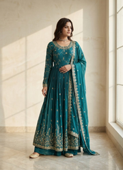 Wine Chinon Sequins Anarkali Gown with Sharara & Dupatta 5