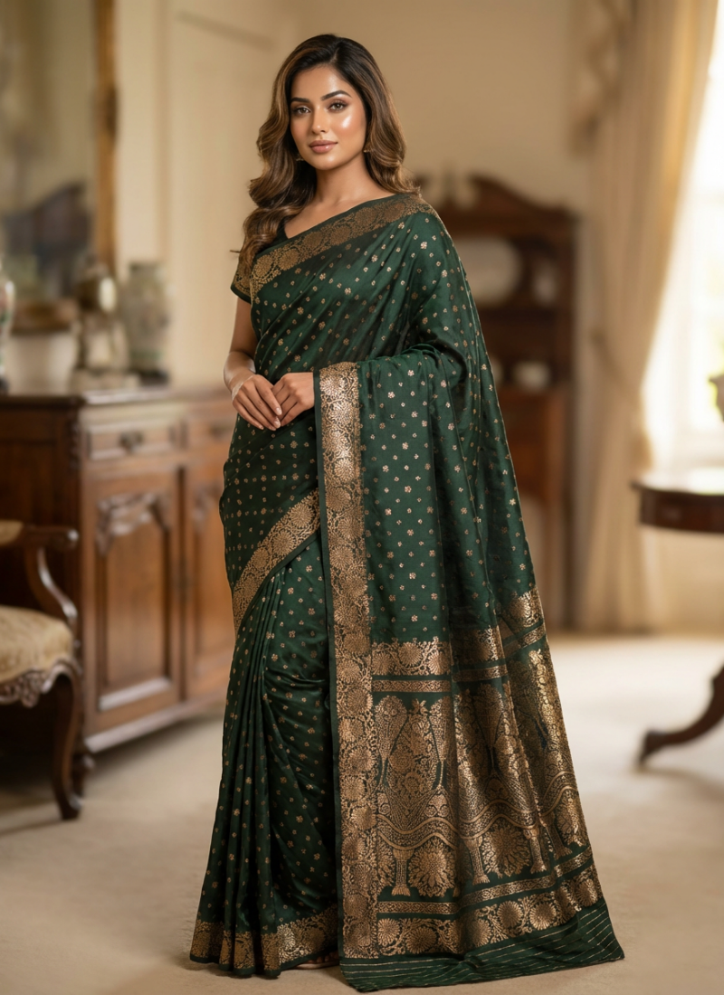 Bottle Green Katan Silk Saree with Blouse Piece