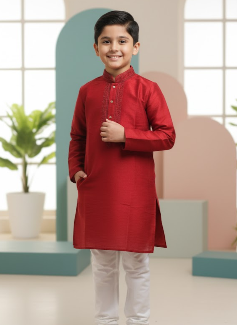 Red Kurta with White Cotton Pyjama – Kids Kurta Pajama Ethnic Set