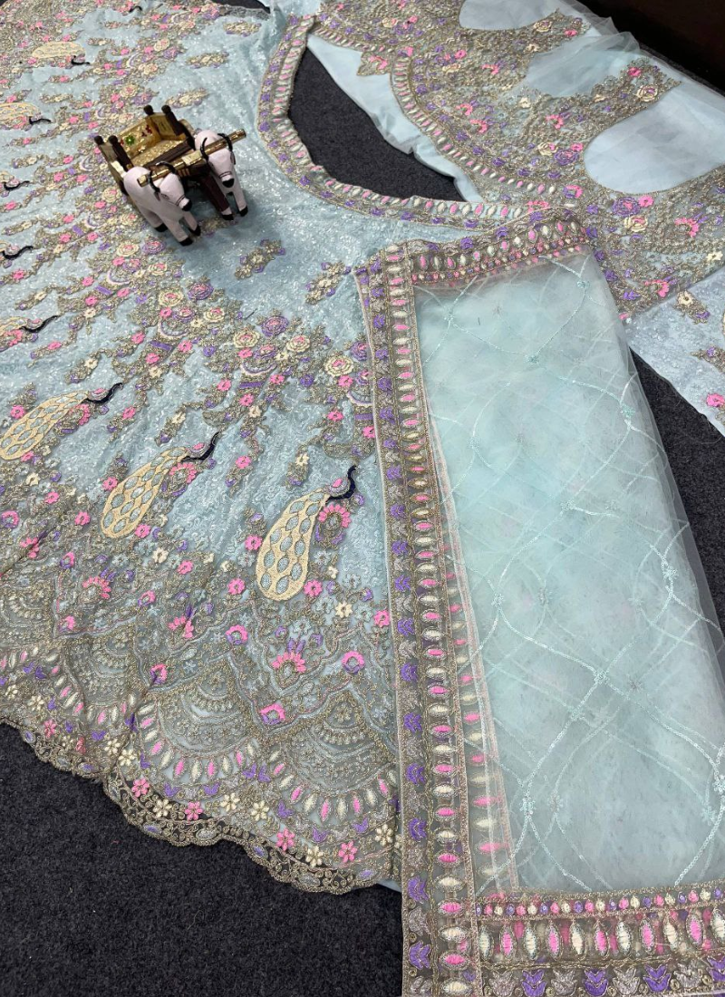 Sky Blue Butterfly Net Lehenga Choli with Sequins & Coding Embroidery + Dupatta