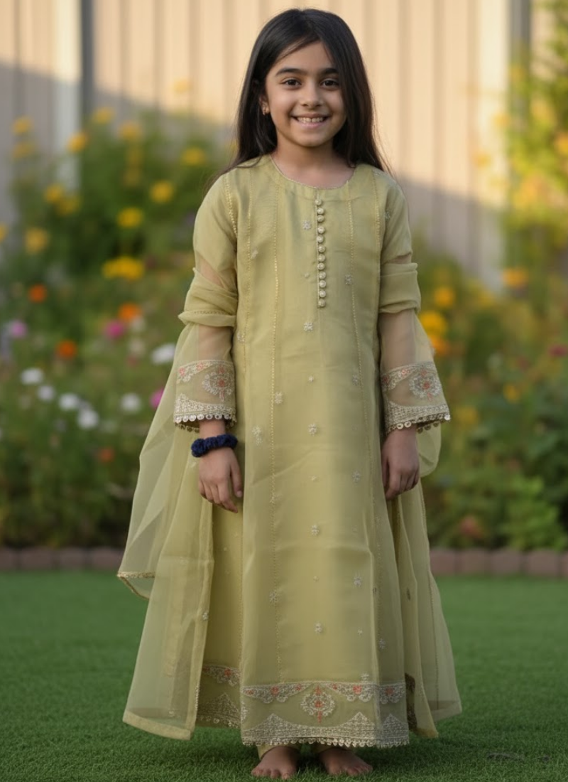 Twirl-Ready Kids Anarkali Gown in Pesta Green – Chiffon