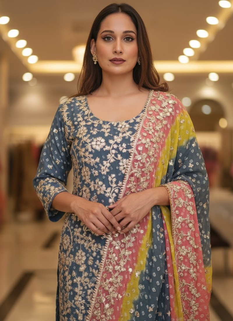 Pakistani Bandhini Chiffon Suit – Gota Patti Elegance for Women