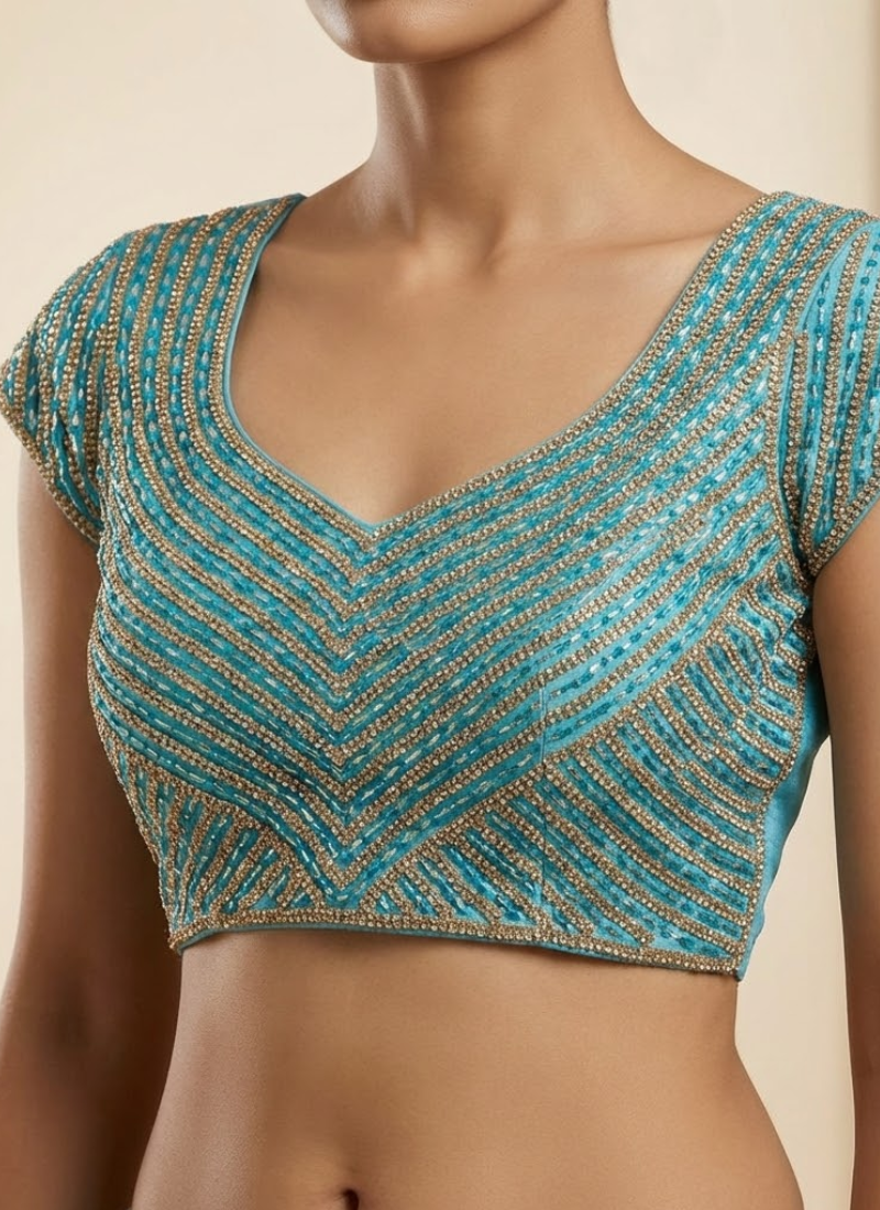 Pure silk handcrafted blouse with pearl, moti, beads and pipe work, padded fit, back hook open style.