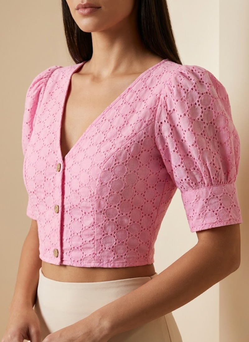 Pure Cotton Hakoba Puff Sleeve Blouse with Football Design