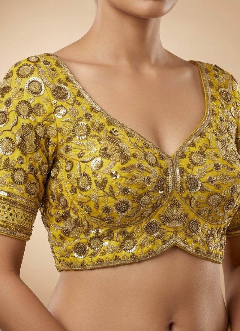 Women’s Roman silk blouse with heavy Jari and beads work, padded fit, 12 inch sleeves, and festive design.