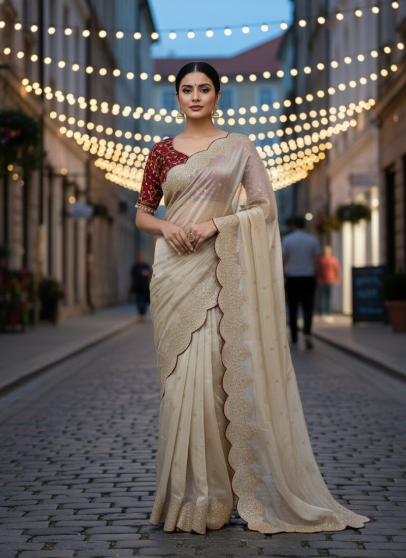 Champagne Gold Designer Saree – Sequins & Zari Work with Red Corset Blouse