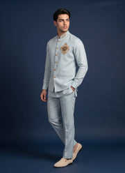 Diwali Linen Koti Set for Men – Handwork Brooch Koti, Shirt & Polo Pant 16