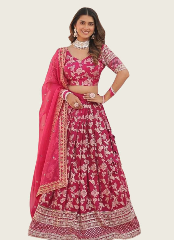 Pink Viscose Jacquard Lehenga Choli with Sequins Embroidery + Russian Silk Dupatta Australia