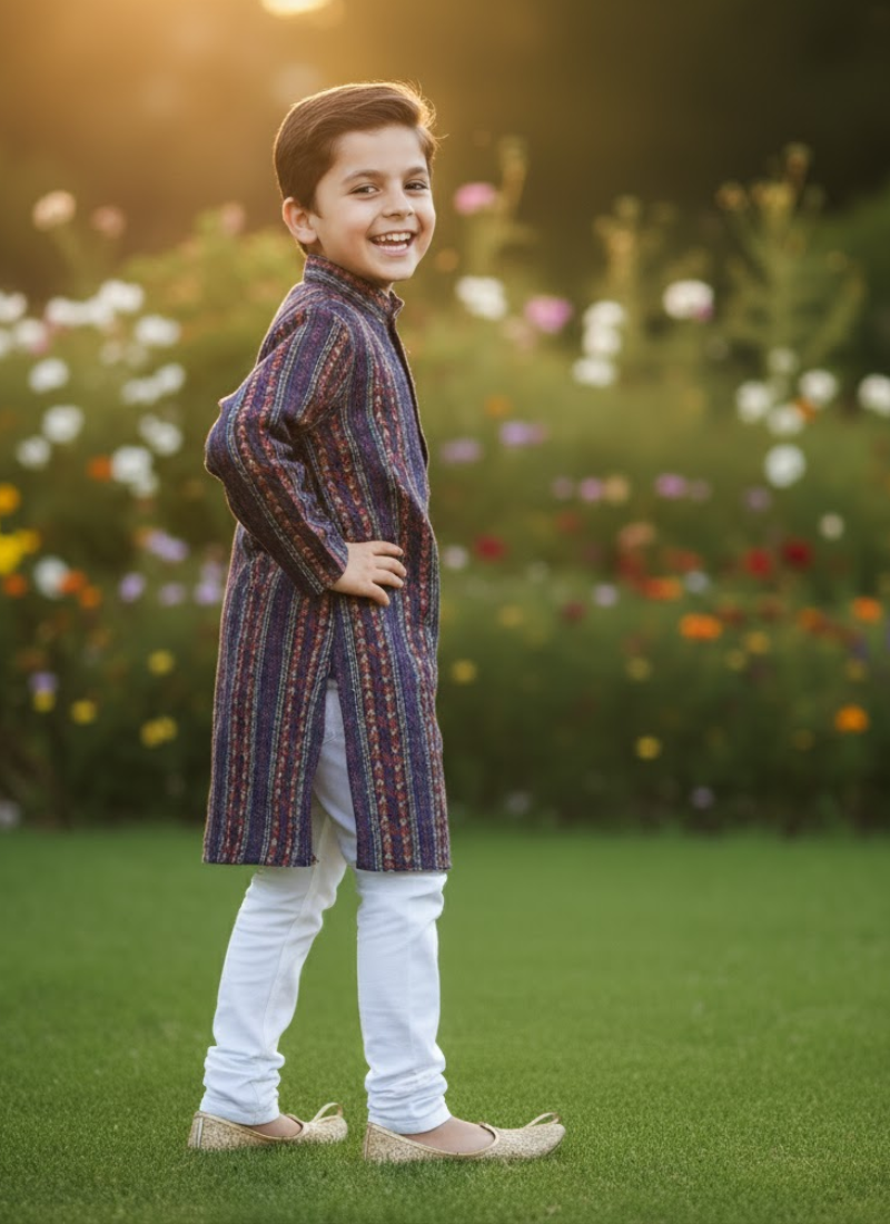 Color Splash Kids Kurta Pajama – Multicolor Silk Kurta with Cotton Pyjama