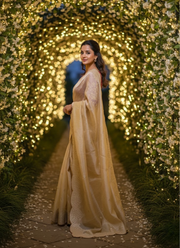 Champagne Gold Designer Saree – Sequins & Zari Work with Red Corset Blouse 3