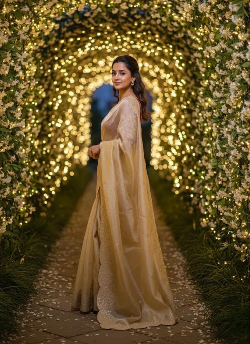 Champagne Gold Designer Saree – Sequins & Zari Work with Red Corset Blouse