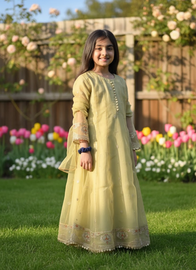 Twirl-Ready Kids Anarkali Gown in Pesta Green – Chiffon