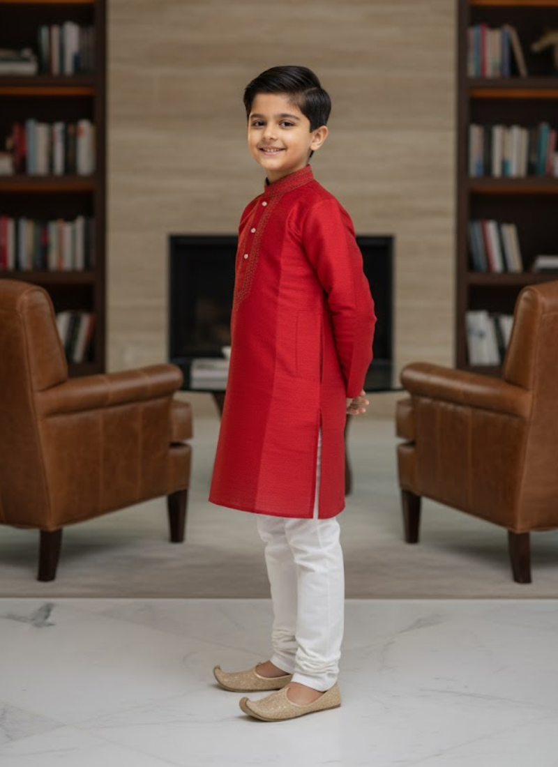 Red Kurta with White Cotton Pyjama – Kids Kurta Pajama Ethnic Set