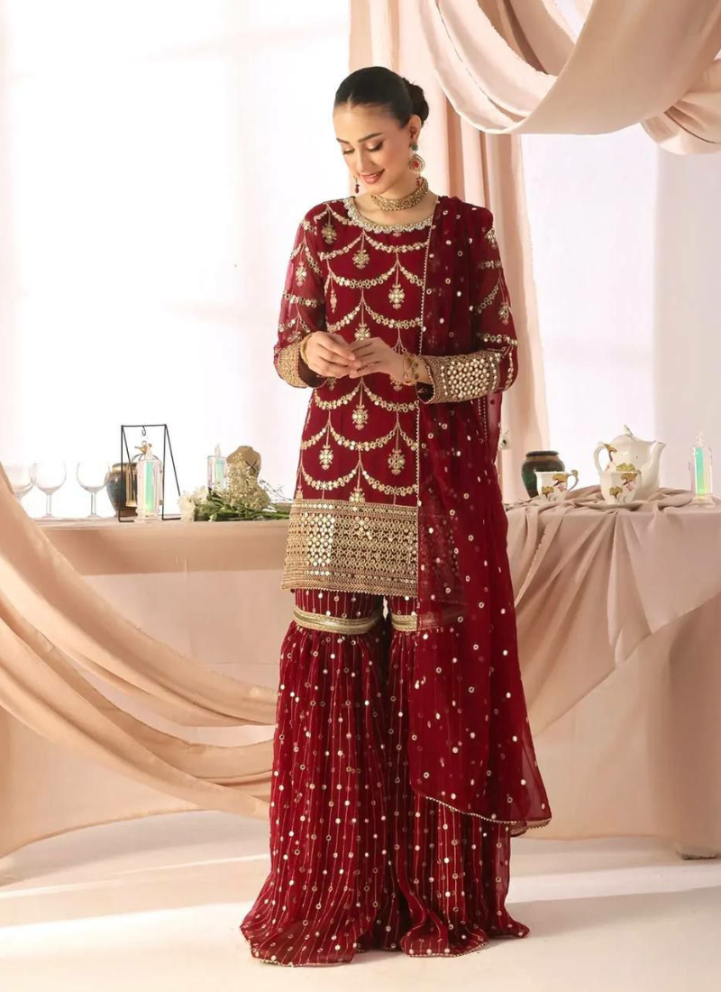 Deep Maroon Georgette Sharara Suit with Sequins Embroidery + Dupatta