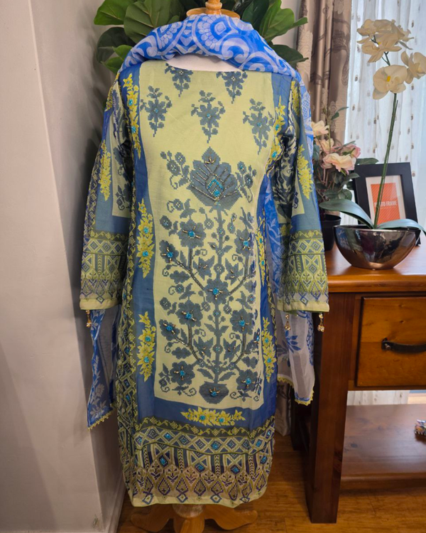 Green & Blue Organza Salwar Suit – Floral Print & Pipe Work