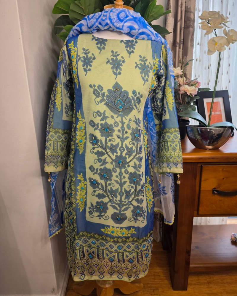 Green & Blue Organza Salwar Suit – Floral Print & Pipe Work