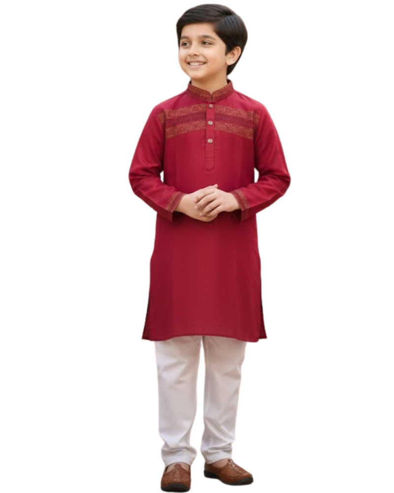 Kids Red Linen Kurta with Embroidery & White Cotton Pyjama