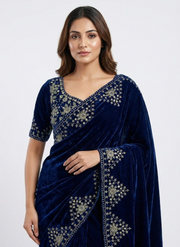 Silk Saree in Pure Velvet with Embroidery Border & Blouse Piece 5