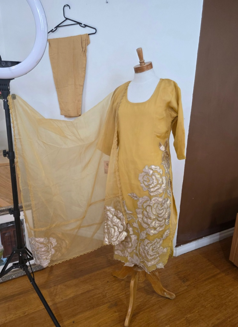 Yellow Gold Silk Organza Salwar Kameez with Cut Work Dupatta