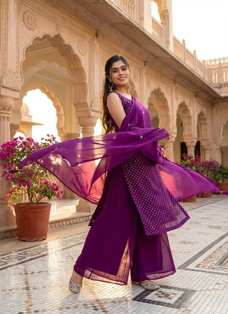 Georgette Sharara/Gharara Salwar Suit with Embroidery & Dupatta