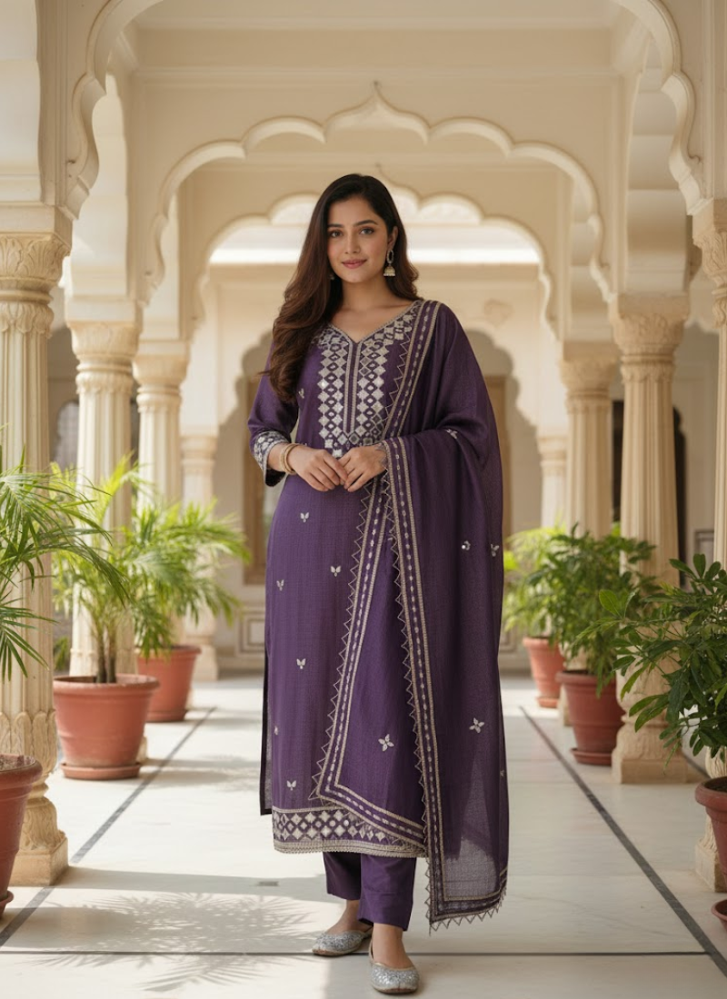 Dark Purple Silk Salwar Suit with Mirror Work Dupatta