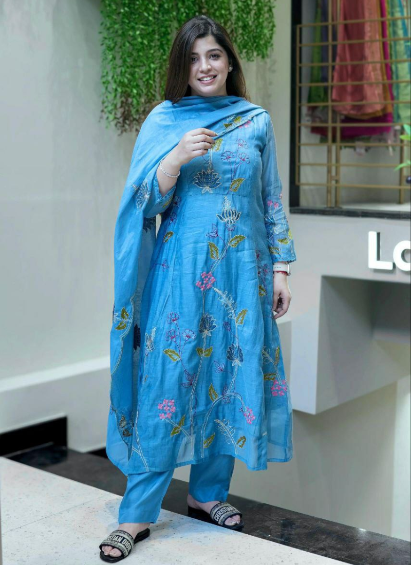 Blue Punjabi Suit in Chanderi Cotton with Embroidery + Dupatta
