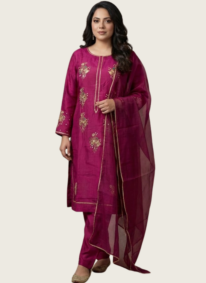 Hot Magenta Silk Salwar Kameez with Zari & Sequence Work