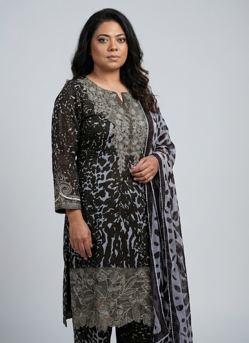 Pakistani lawn cotton salwar kameez with chiffon dupatta, lace sleeves, embroidery, tassels, and premium detailing