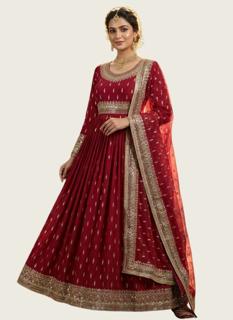 Heavy Chinon Silk Gown Set with Butterfly Net Dupatta, Indian wedding outfits Australia