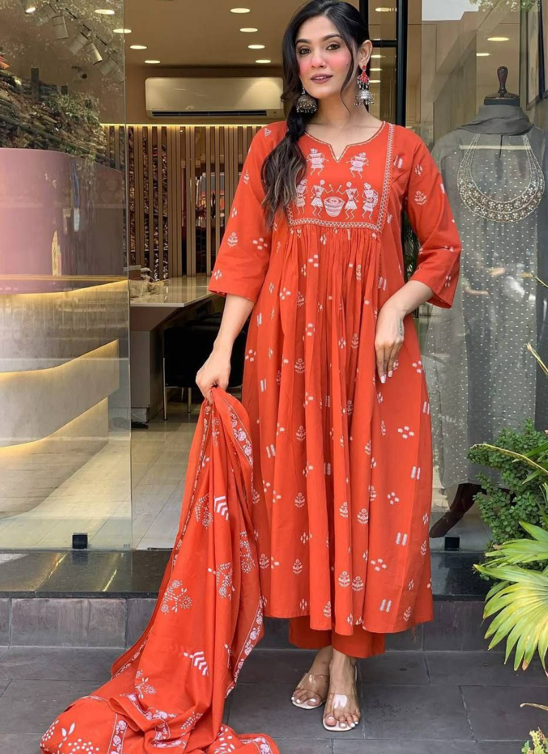 Premium Cotton Punjabi Suit with Sequins Embroidery & Khadi Dupatta