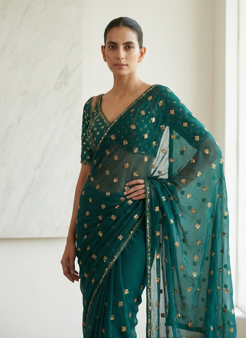 Dark Sea Green Saree in Faux Georgette with Heavy Sequins Embroidery + Silk Blouse