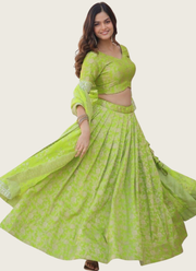 Green Viscose Jacquard Lehenga Choli with Sequins Embroidery + Silk Dupatta 1