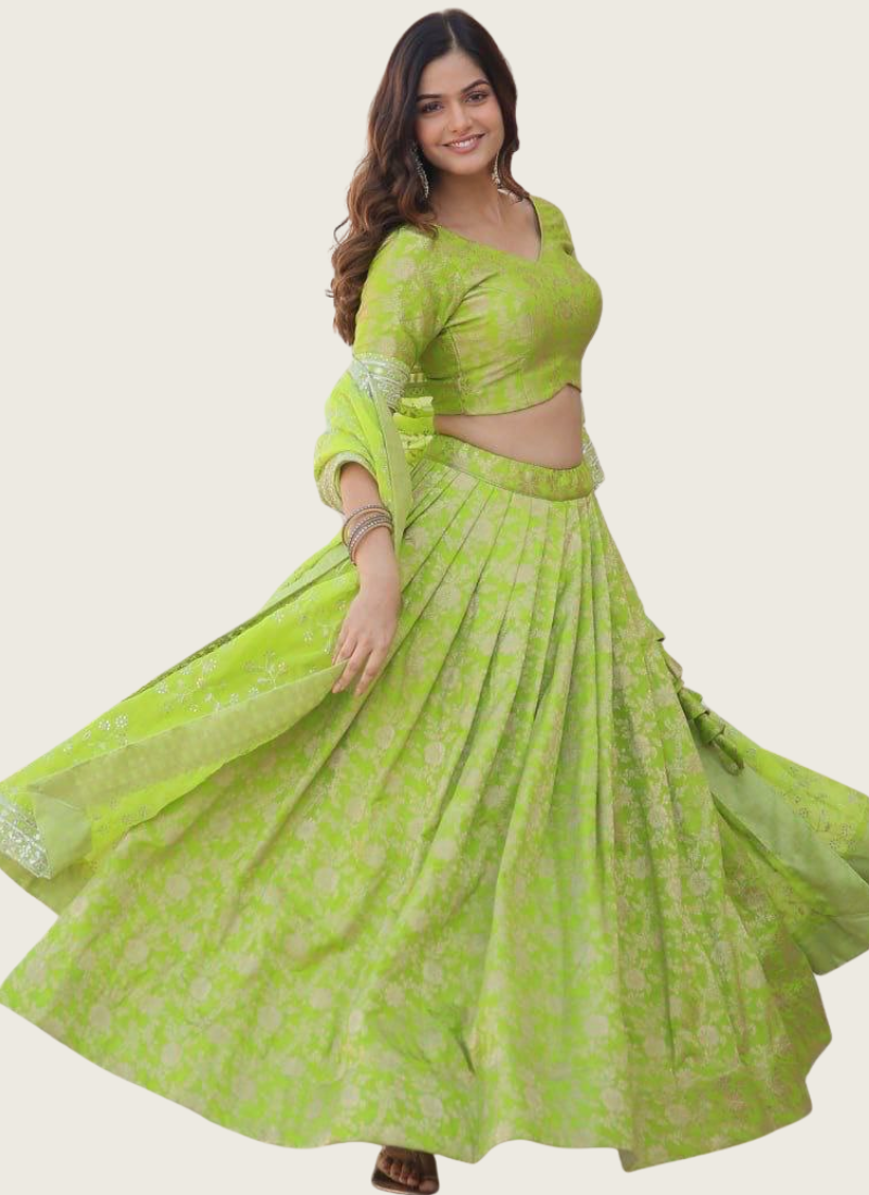 Green Viscose Jacquard Lehenga Choli with Sequins Embroidery + Silk Dupatta