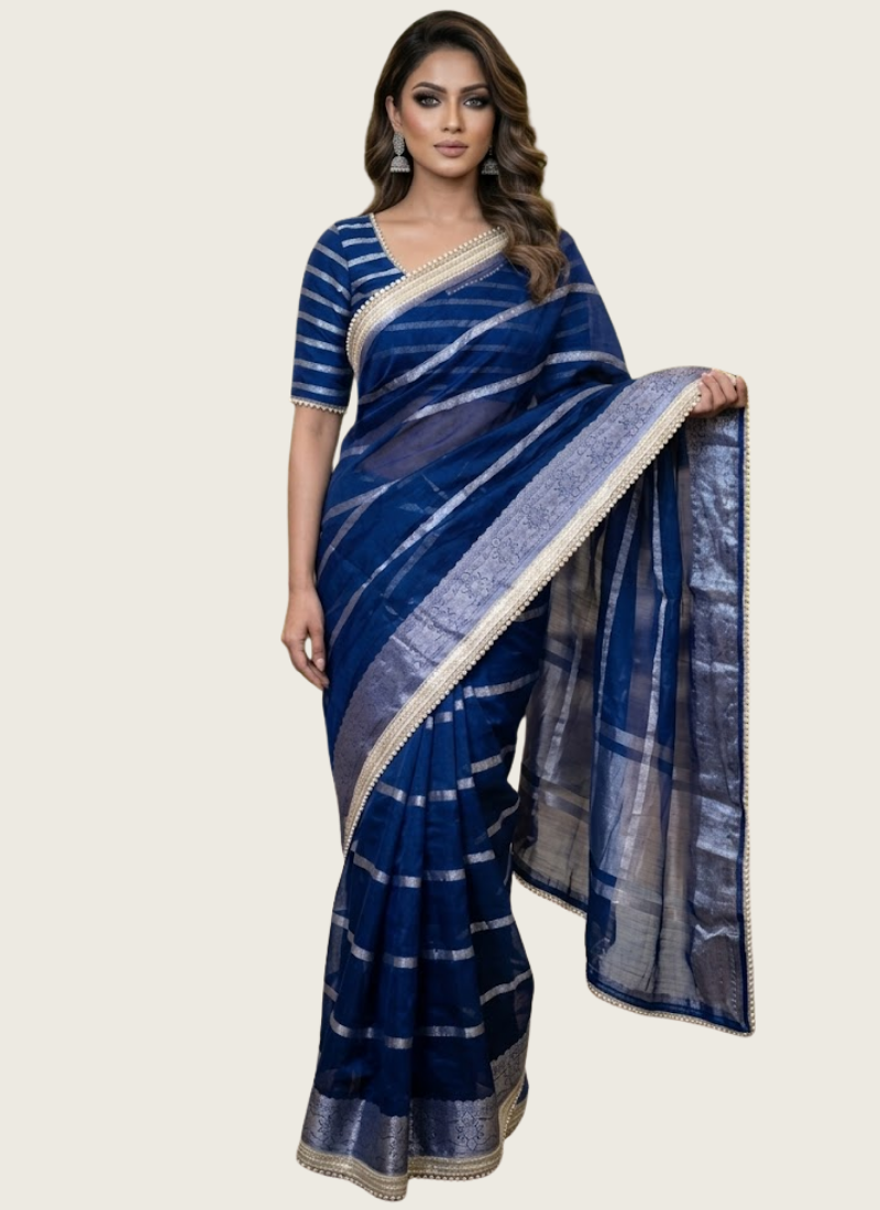 Navy Blue Banarasi Organza Saree with Blouse Piece, affordable Indian saree Australia
