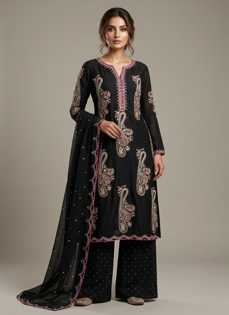 Heavy Chinon Palazzo Suit with Sequins Embroidery + Dupatta