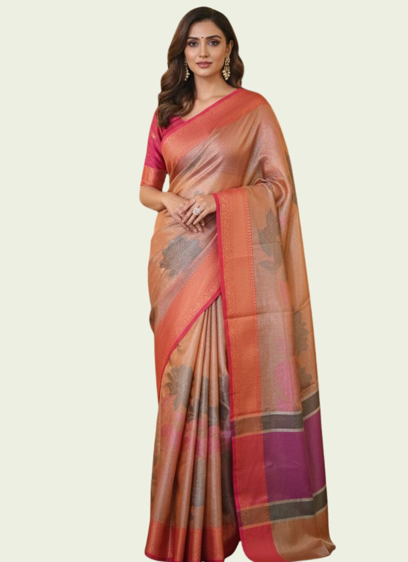 Banarasi Organza Tissue Saree – Rose Gold