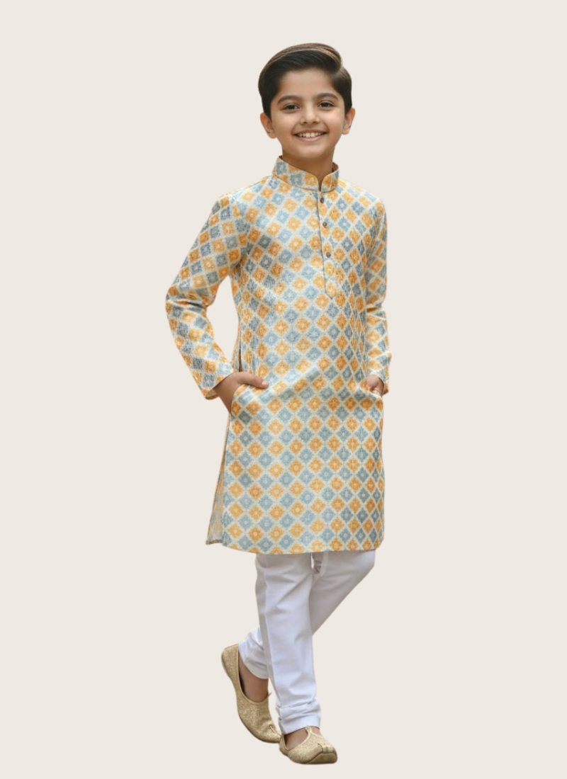 Kids Kurta Pajama – Multicolor Silk Kurta with White Cotton Pyjama