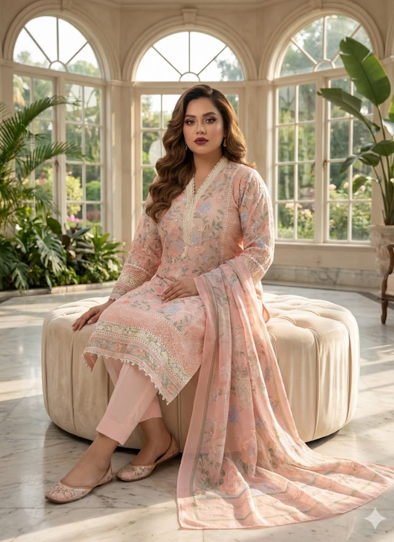 Light Peach Pink Chiffon Salwar Kameez with Embroidery