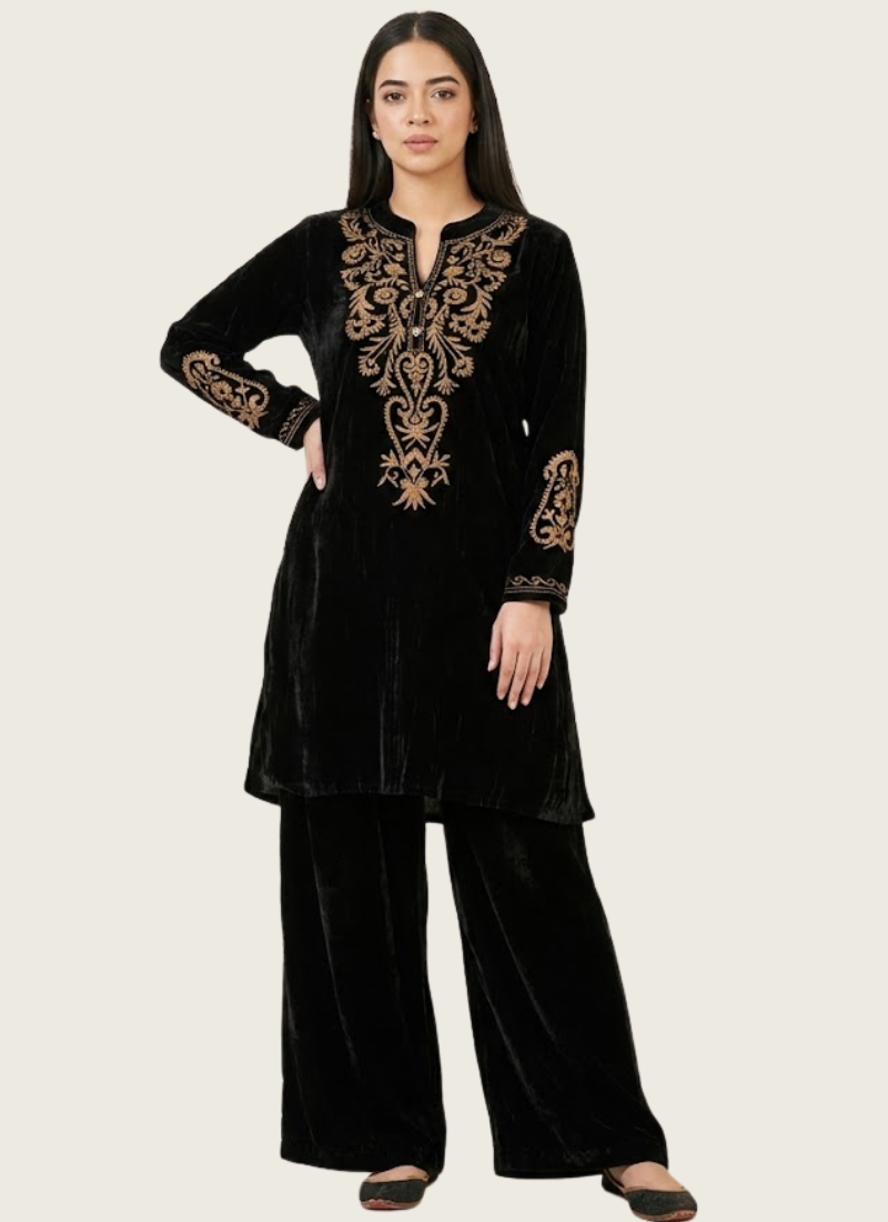Velvet Embroidered Co‑Ord Set for Women (Kurti + Palazzo)