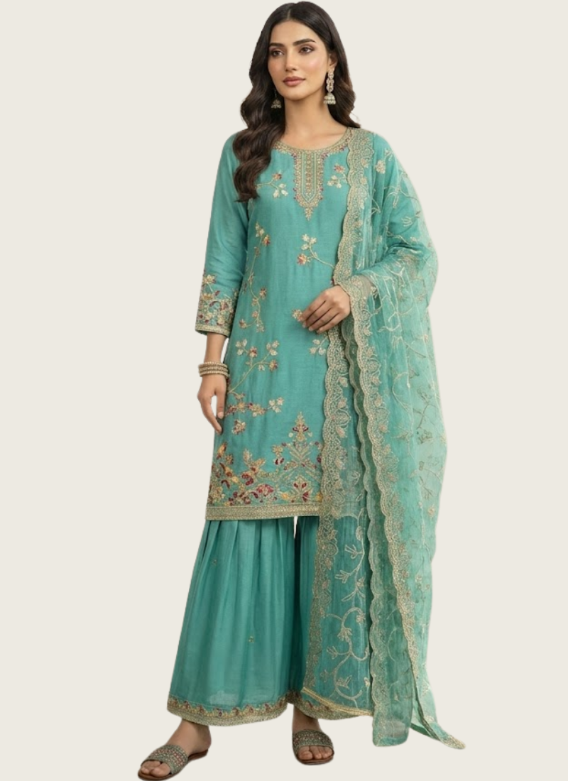 GMY Silk Sharara Suit with Heavy Sequins & Dori Embroidery + Dupatta