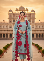 Blue Silk Organza Salwar Kameez with Floral Embroidery Dupatta 3